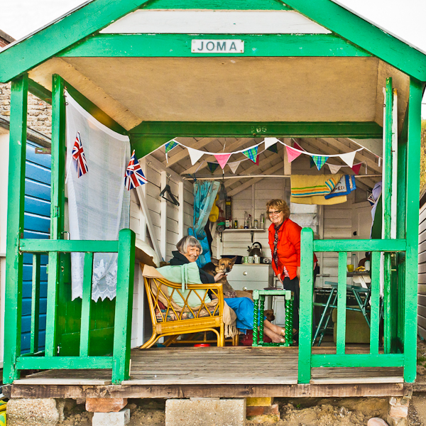 Three beach hut denizens in Southwold (Suffolk)