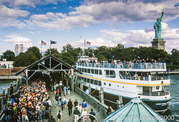 Ferry stopping at Liberty Island, New York Harbor