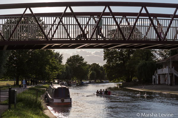 An evening view of Cutter Ferry Footbridge, River Cam