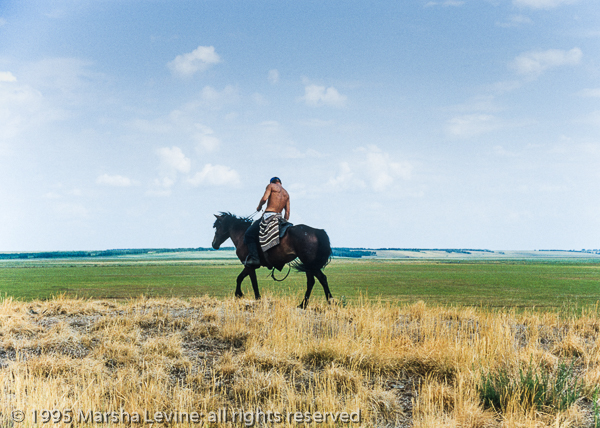 Herdsman atop Iron Age burial mound, Sergeevka, Kazakhstan